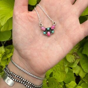Pink Balloon Opal with Turquoise Accent Half Flower Necklace